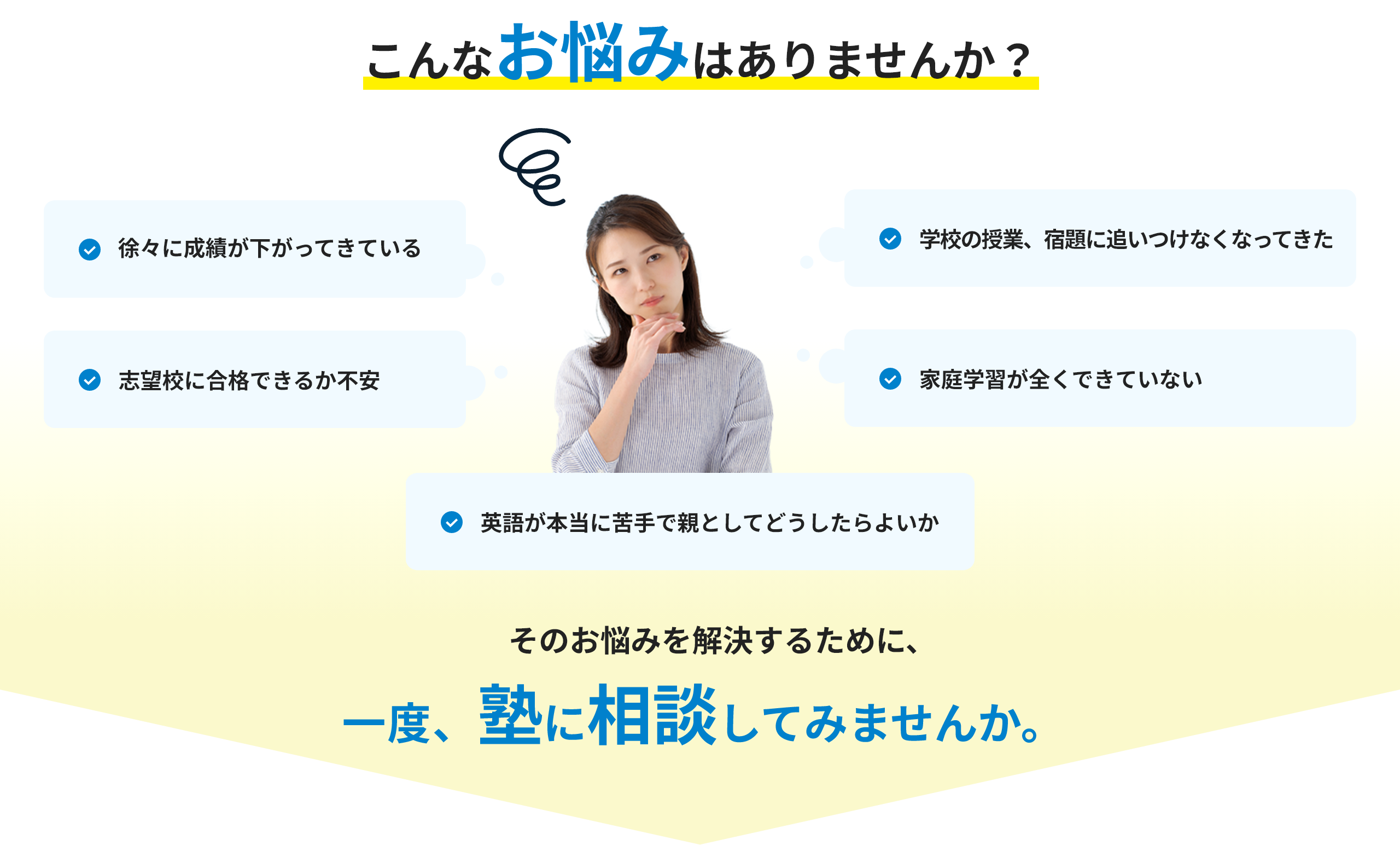 こんなお悩みはありませんか？徐々に成績が下がってきている 志望校に合格できるか不安 学校の授業、宿題に追いつけなくなってきた 英語が本当に苦手で親としてどうしたらよいか 家庭学習が全くできていない そのお悩みを解決するために、一度、塾に相談してみませんか。